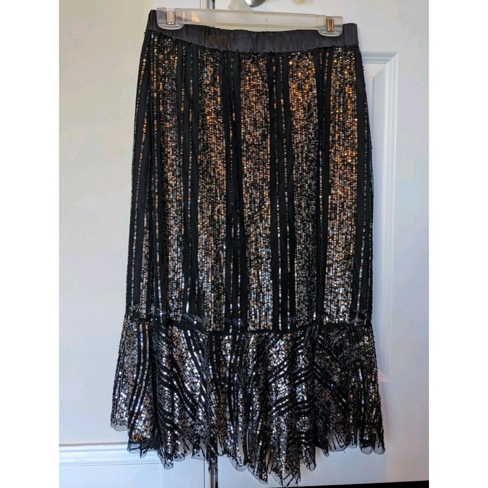Zara Sequin Midi Skirt Black Silver Striped Asymmetric Ruffle Hem NWT M - Picture 4 of 10